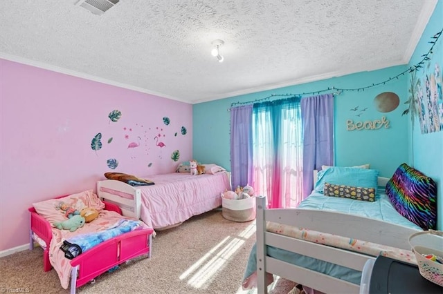 carpeted bedroom with crown molding and a textured ceiling