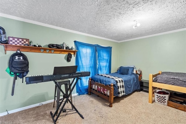 bedroom with ornamental molding, light carpet, and a textured ceiling