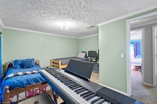 bedroom with ornamental molding, a textured ceiling, and carpet