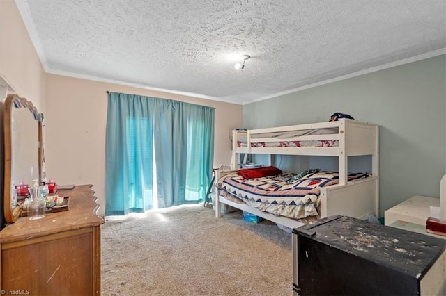 carpeted bedroom featuring ornamental molding and a textured ceiling