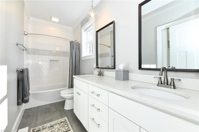 full bathroom with toilet, ornamental molding, shower / tub combo, and vanity