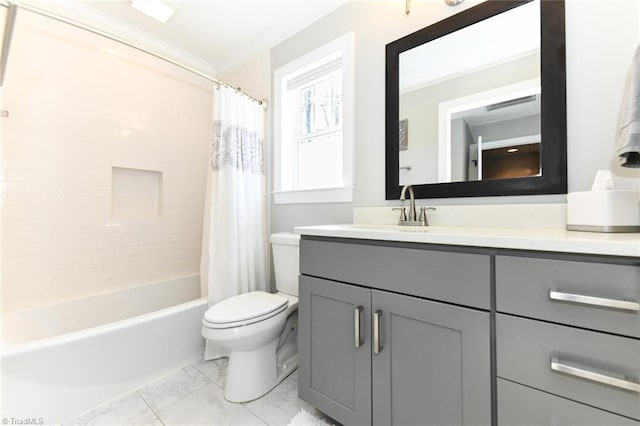 full bathroom with toilet, vanity, ornamental molding, and shower / bath combo