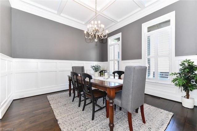 dining space with dark hardwood / wood-style floors, a notable chandelier, beam ceiling, crown molding, and coffered ceiling