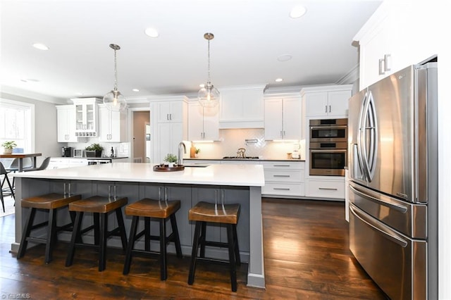 kitchen featuring hanging light fixtures, stainless steel appliances, white cabinets, and a large island