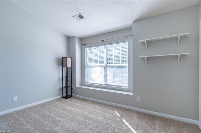 empty room featuring a textured ceiling and light colored carpet