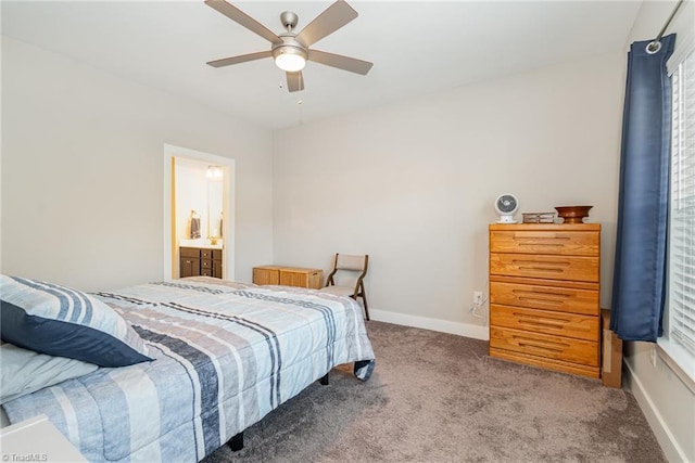 bedroom featuring ceiling fan, carpet, and ensuite bathroom