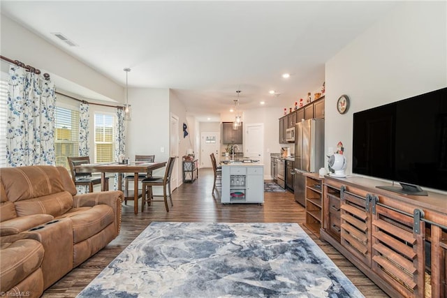 living room featuring dark wood-type flooring and sink