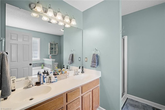 full bathroom with a stall shower, a garden tub, double vanity, baseboards, and toilet