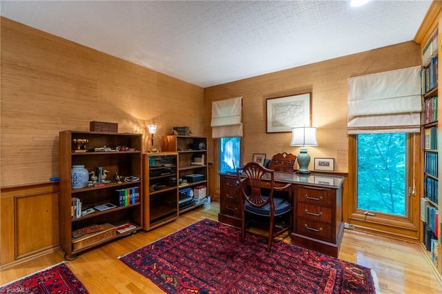 office featuring a textured ceiling, light hardwood / wood-style floors, and a healthy amount of sunlight