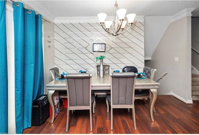 dining area featuring an accent wall, stairs, ornamental molding, wood finished floors, and a notable chandelier