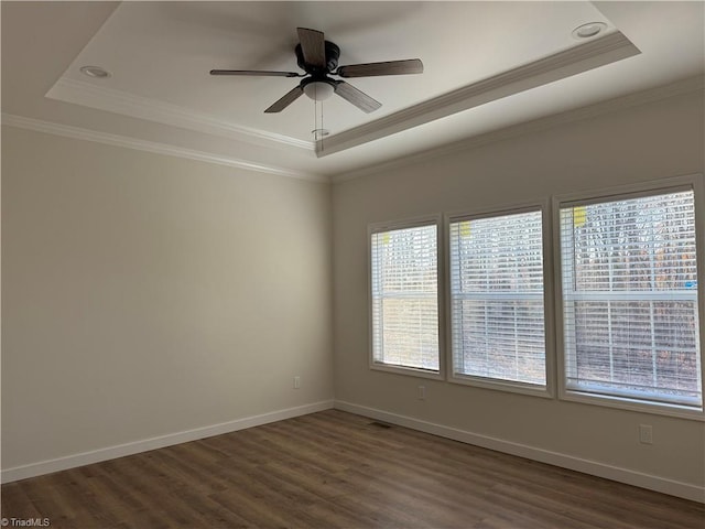 spare room featuring a raised ceiling and dark hardwood / wood-style floors