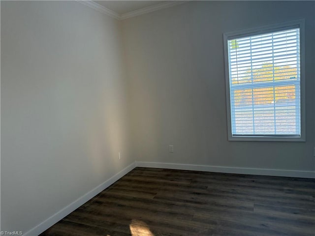 spare room with dark hardwood / wood-style floors and crown molding