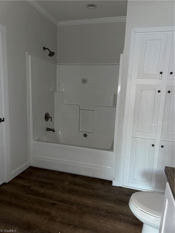 full bathroom with hardwood / wood-style floors, vanity, toilet, and ornamental molding