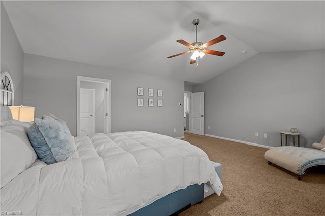 carpeted bedroom featuring ceiling fan and lofted ceiling