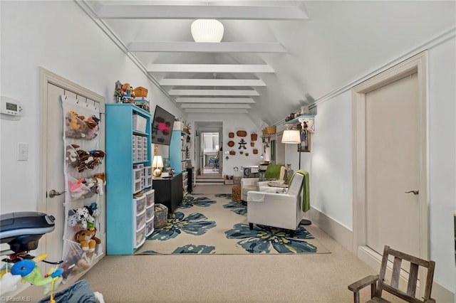 living area featuring carpet and lofted ceiling with beams