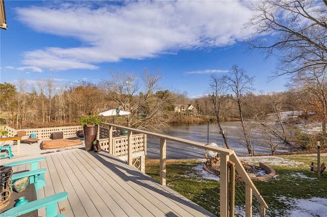 deck featuring a water view