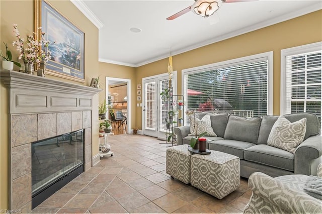 8040 Crosscreek Trl, Pfafftown, NC 27040 - living area featuring crown molding, a fireplace, and a ceiling fan