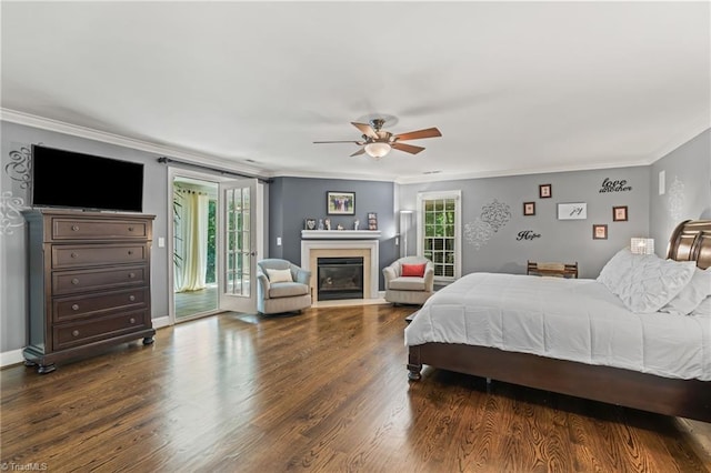 8040 Crosscreek Trl, Pfafftown, NC 27040 - bedroom with access to outside, ornamental molding, dark wood finished floors, a fireplace with flush hearth, and ceiling fan