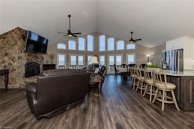 4933 W NC Highway 268, Wilkesboro, NC 28697 - living area with a ceiling fan, plenty of natural light, dark wood-style floors, and high vaulted ceiling