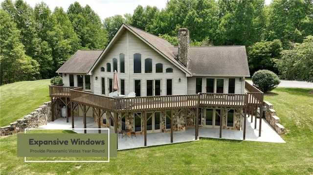 4933 W NC Highway 268, Wilkesboro, NC 28697 - rear view of house with a patio area, a wooden deck, a chimney, and a lawn
