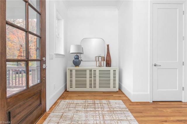 interior space with crown molding, plenty of natural light, wood finished floors, and baseboards