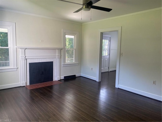 630 Liberty Rd, High Point, NC 27263 - unfurnished living room with a fireplace, dark wood finished floors, ceiling fan, and crown molding