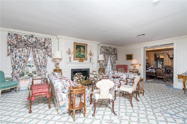 6 Curtis Ct, Thomasville, NC 27360 - living area featuring carpet flooring, a fireplace, and ornamental molding