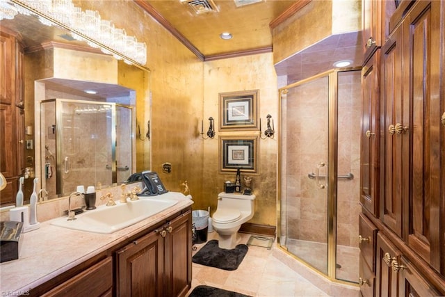 6 Curtis Ct, Thomasville, NC 27360 - bathroom featuring ornamental molding, vanity, a shower stall, and tile patterned flooring