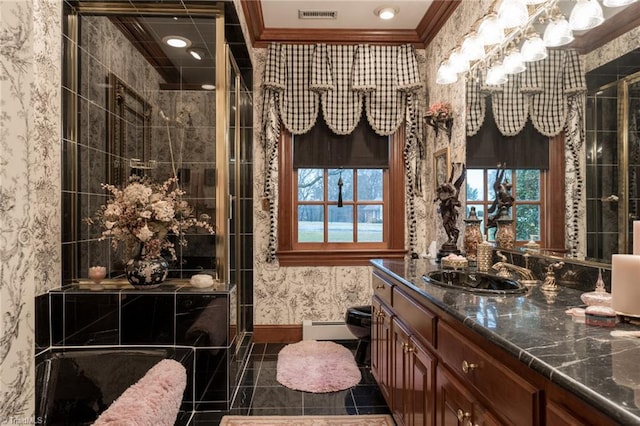 6 Curtis Ct, Thomasville, NC 27360 - bathroom featuring vanity, a baseboard heating unit, a shower stall, wallpapered walls, and crown molding