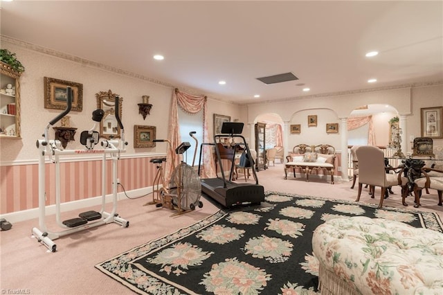 6 Curtis Ct, Thomasville, NC 27360 - workout room with arched walkways, ornate columns, carpet floors, recessed lighting, and ornamental molding