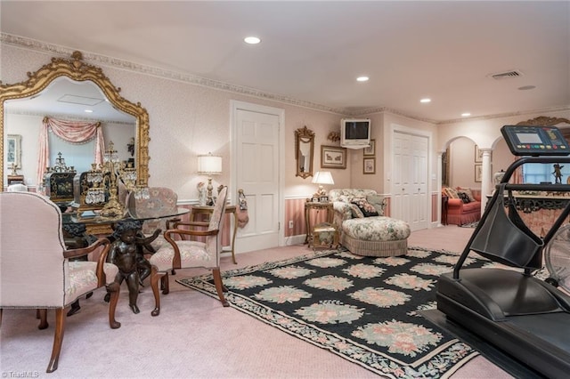 6 Curtis Ct, Thomasville, NC 27360 - living room featuring arched walkways, light colored carpet, recessed lighting, and crown molding