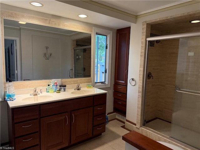 1223 Gatehouse Rd, High Point, NC 27262 - full bathroom featuring a shower stall, ornamental molding, tile patterned flooring, double vanity, and recessed lighting