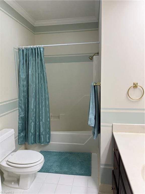 1223 Gatehouse Rd, High Point, NC 27262 - full bath with ornamental molding, toilet, vanity, tile patterned floors, and shower / tub combo with curtain