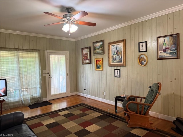 1223 Gatehouse Rd, High Point, NC 27262 - sitting room with hardwood / wood-style flooring, ornamental molding, baseboards, and a ceiling fan