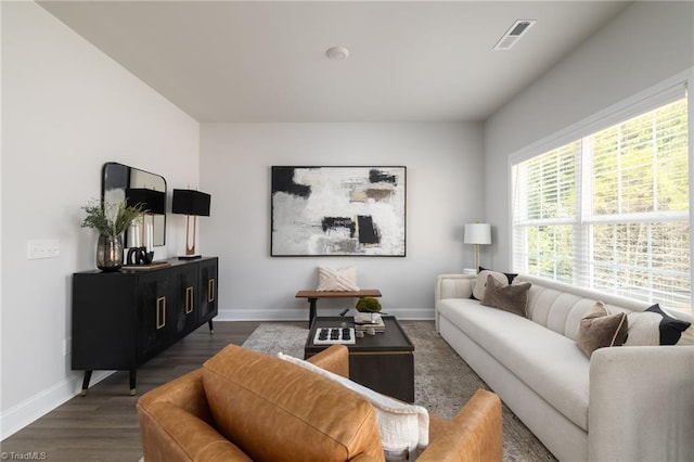 living room with dark hardwood / wood-style flooring