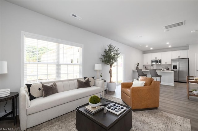 living room featuring a wealth of natural light and hardwood / wood-style floors