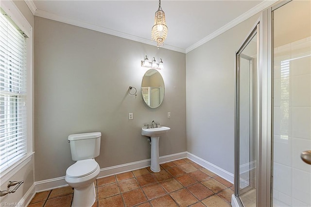 full bathroom with ornamental molding, a wealth of natural light, toilet, and a stall shower