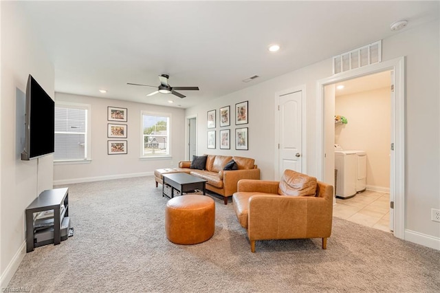111 Park Place Cir, Winston-Salem, NC 27107 - living area featuring washer and clothes dryer, carpet floors, ceiling fan, recessed lighting, and baseboards
