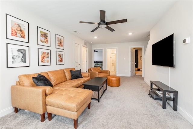 111 Park Place Cir, Winston-Salem, NC 27107 - living room featuring light carpet, baseboards, ceiling fan, and recessed lighting