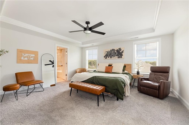 111 Park Place Cir, Winston-Salem, NC 27107 - carpeted bedroom featuring a tray ceiling, crown molding, baseboards, ceiling fan, and ensuite bath