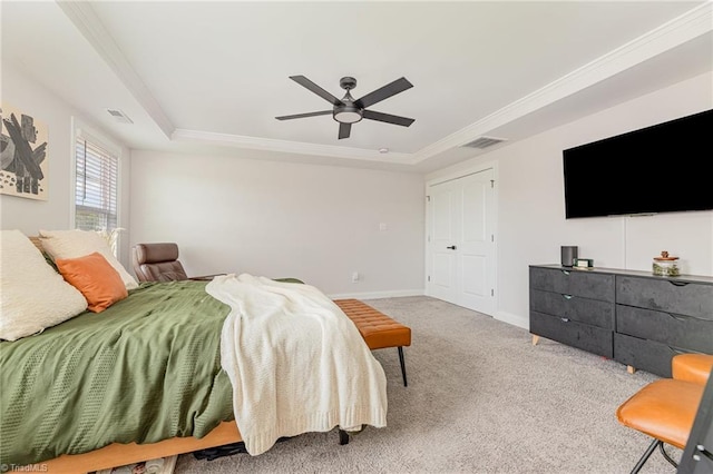 111 Park Place Cir, Winston-Salem, NC 27107 - carpeted bedroom with a tray ceiling, ceiling fan, baseboards, and ornamental molding