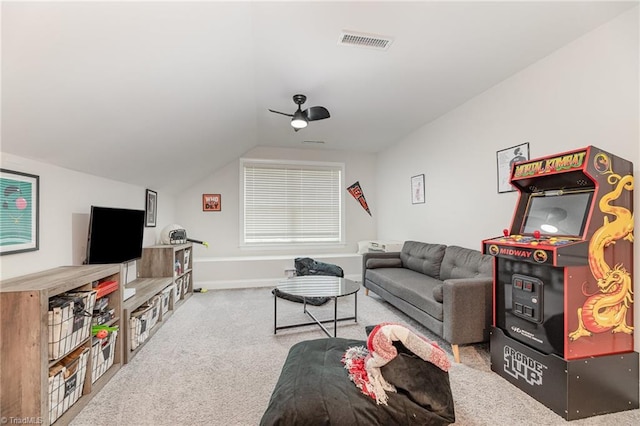 111 Park Place Cir, Winston-Salem, NC 27107 - living room featuring lofted ceiling, carpet, a ceiling fan, and baseboards