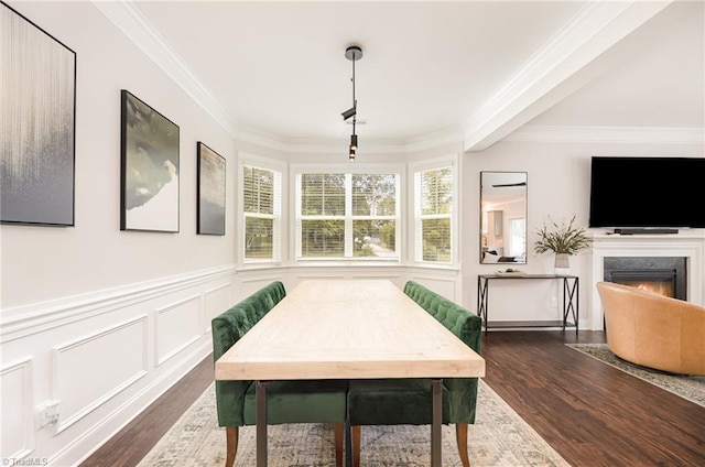 111 Park Place Cir, Winston-Salem, NC 27107 - dining area with dark wood-type flooring, healthy amount of natural light, crown molding, wainscoting, and a lit fireplace