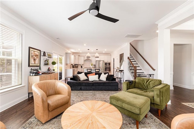 111 Park Place Cir, Winston-Salem, NC 27107 - living room with dark wood-type flooring, a ceiling fan, stairway, baseboards, and recessed lighting