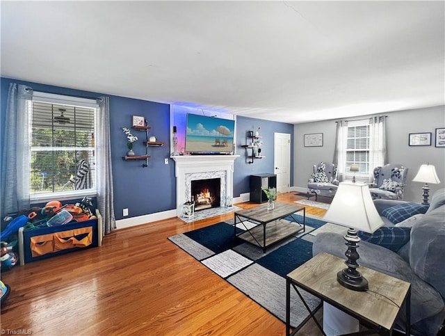 living room featuring baseboards, wood finished floors, and a premium fireplace