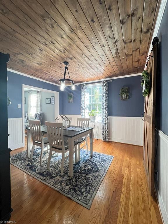 dining area featuring crown molding, wooden ceiling, wainscoting, and a healthy amount of sunlight