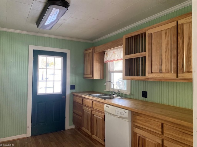 kitchen with dishwasher, crown molding, plenty of natural light, and sink