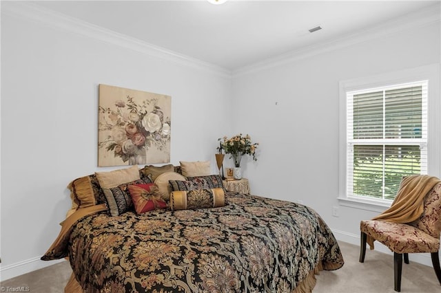 bedroom featuring light carpet, ornamental molding, and baseboards