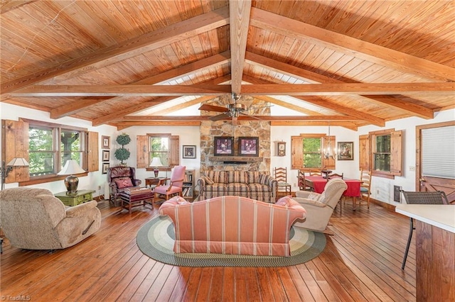 living room featuring hardwood / wood-style flooring, wooden ceiling, a ceiling fan, and a fireplace