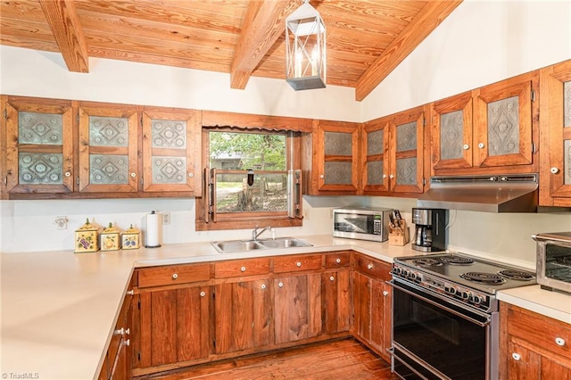 kitchen featuring a sink, electric range, wooden ceiling, under cabinet range hood, and beam ceiling